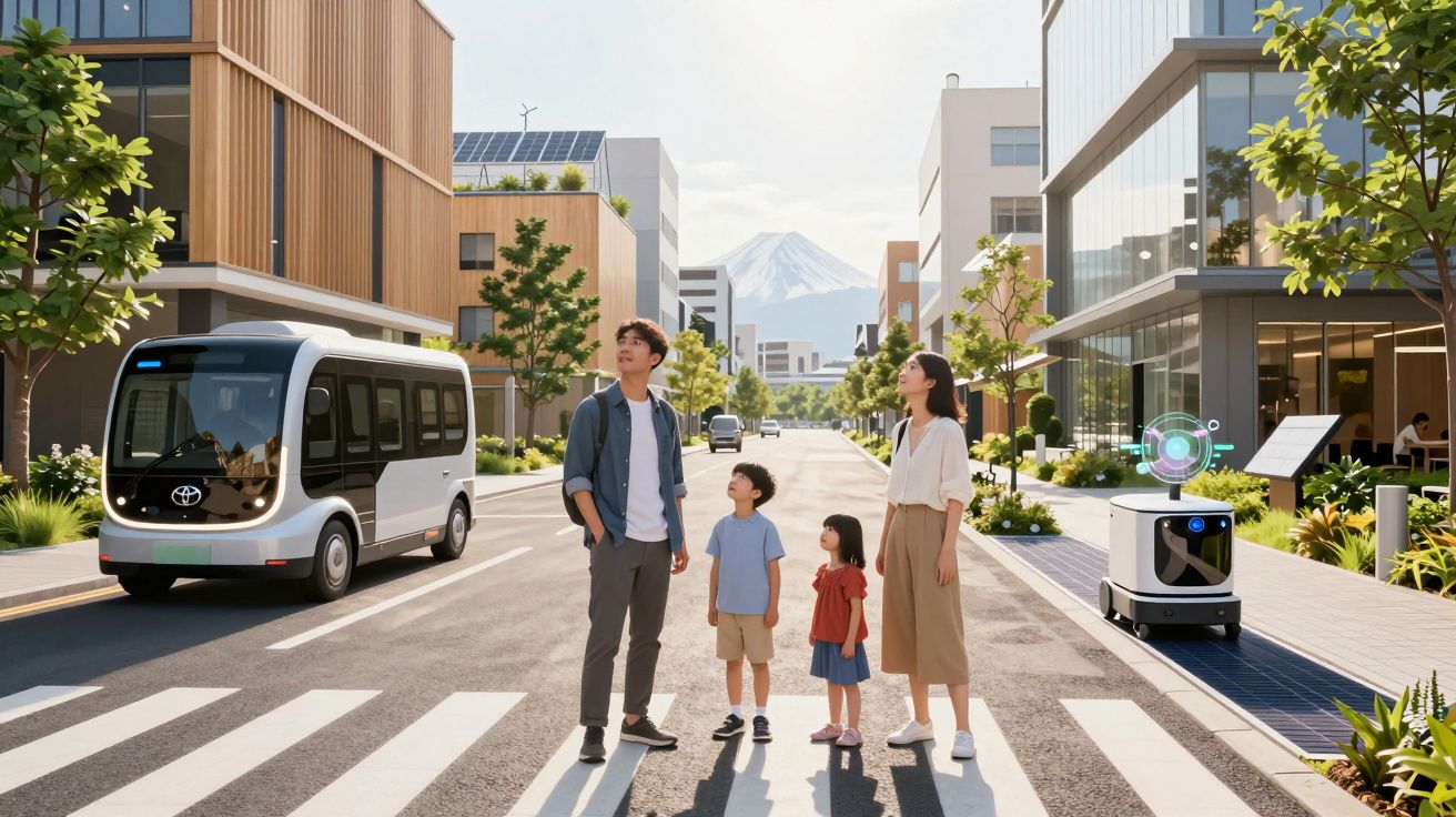 Família com duas crianças a atravessar rua numa cidade moderna com veículos autónomos e edifícios sustentáveis.