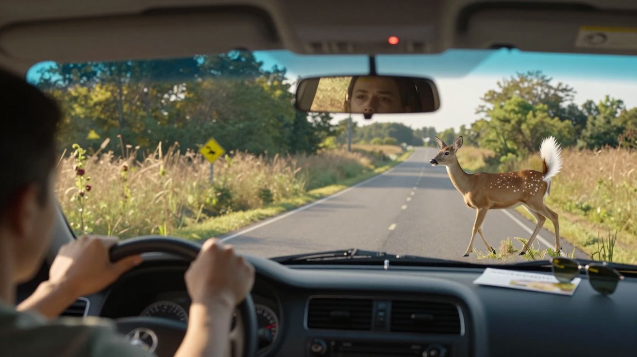 Condutor de carro observa veado atravessar estrada rural numa zona com vegetação abundante.