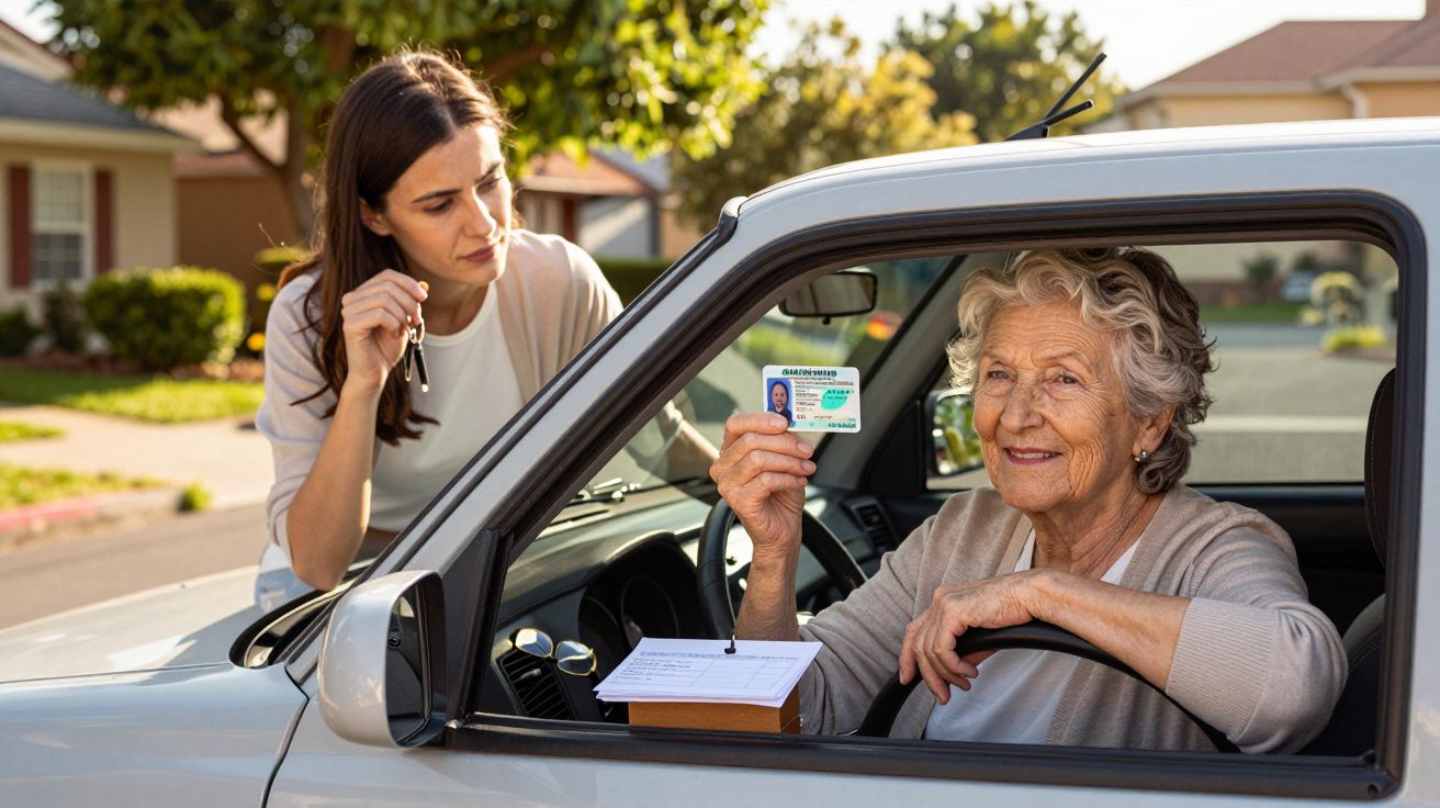Mulher idosa no carro mostra carta de condução a jovem que segura chaves junto à porta do veículo.