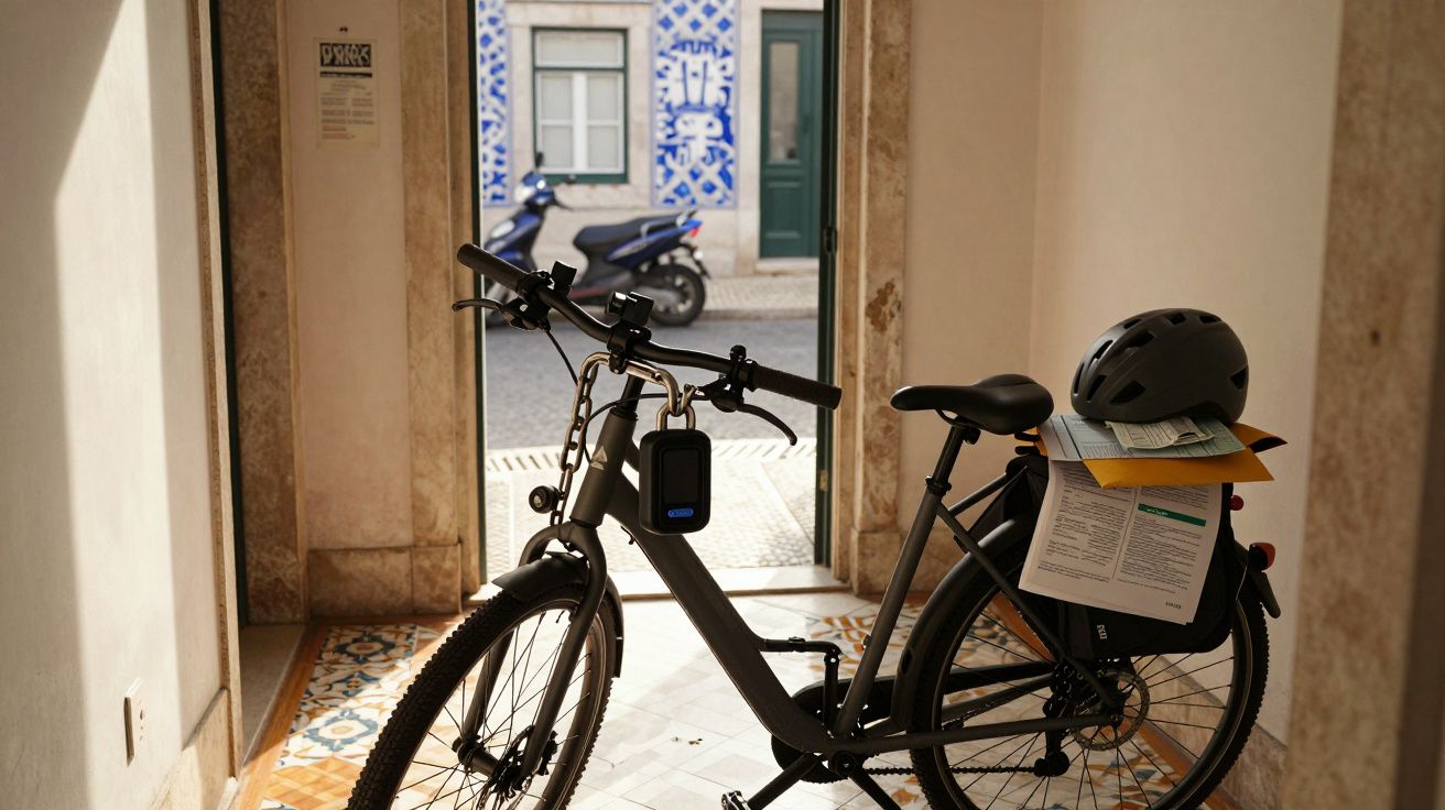 Bicicleta estacionada na entrada de um edifício com capacete e documentos no banco, rua com moto ao fundo.