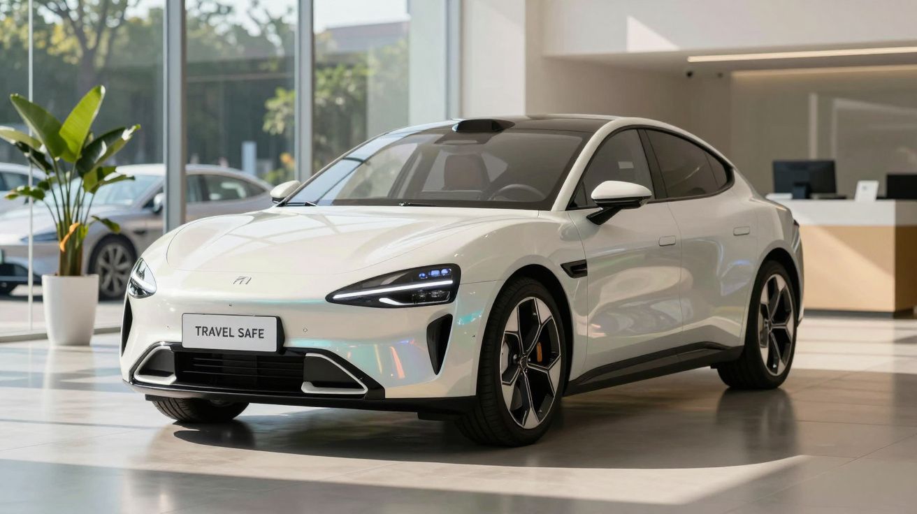 Carro elétrico branco estacionado num showroom moderno com placa "Travel Safe".