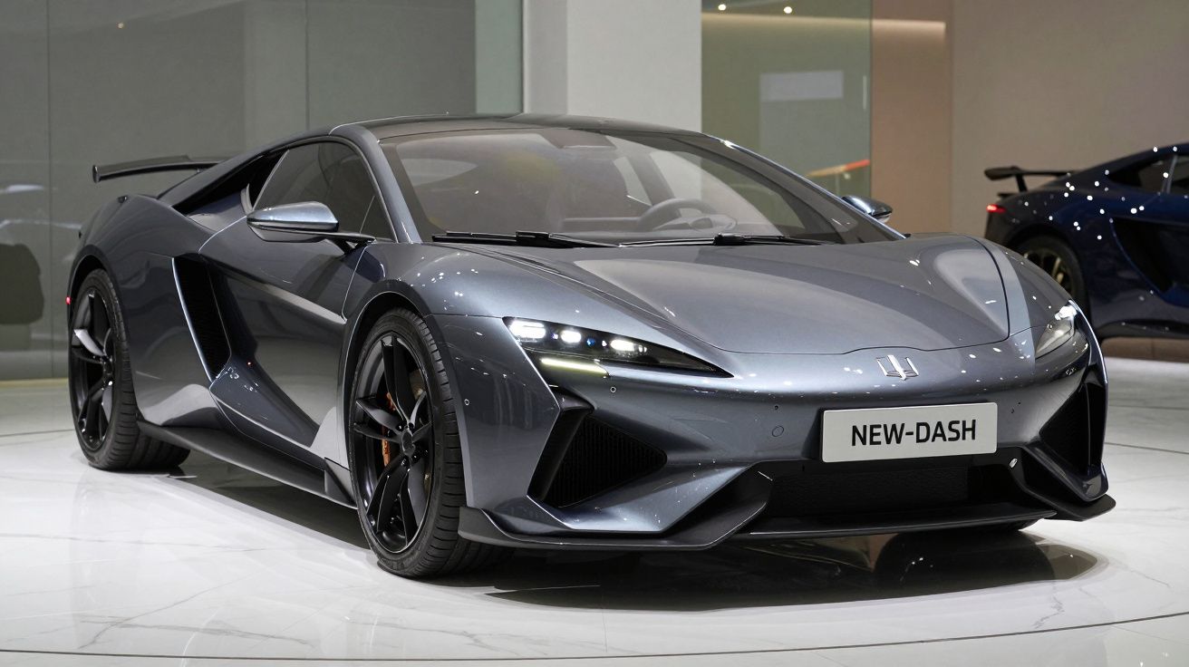 Carro desportivo cinza metálico com design futurista exposto em showroom moderno.