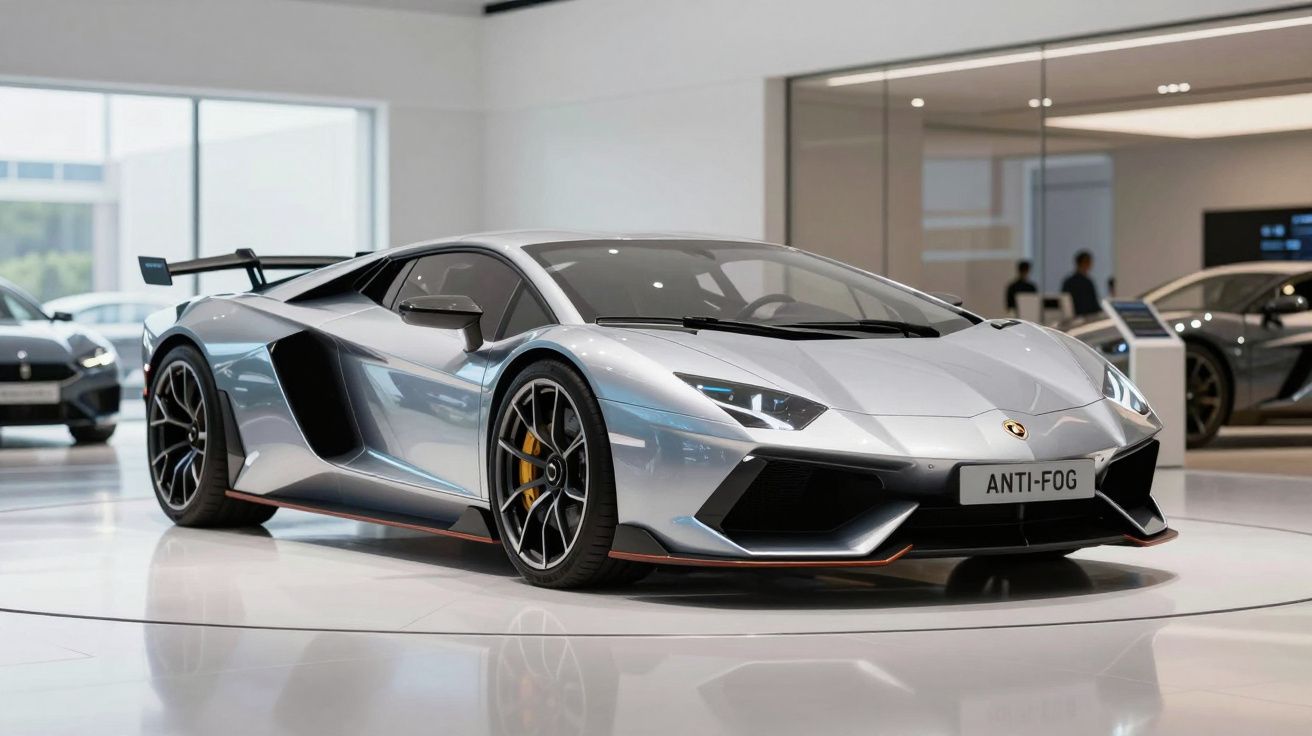 Carro desportivo cinzento metálico numa exposição de automóveis, com design aerodinâmico e jantes pretas.