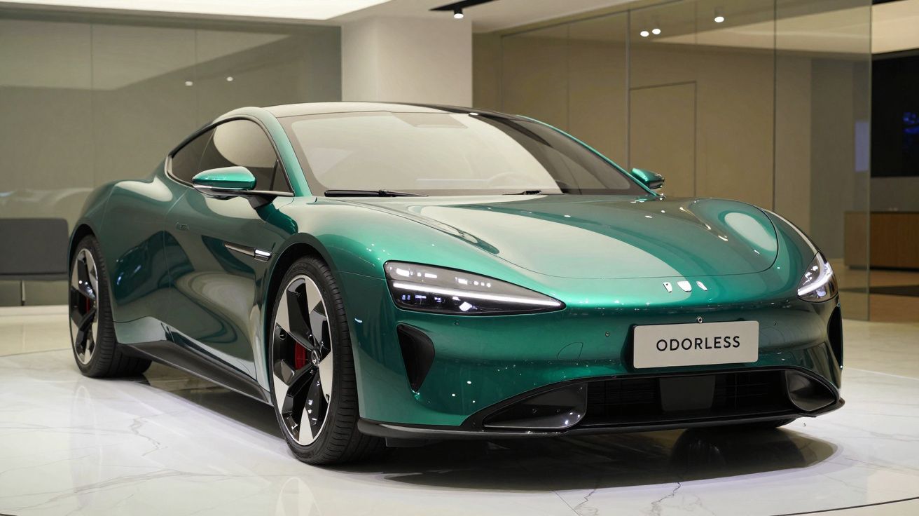 Carro desportivo elétrico verde metálico em exposição num showroom moderno.