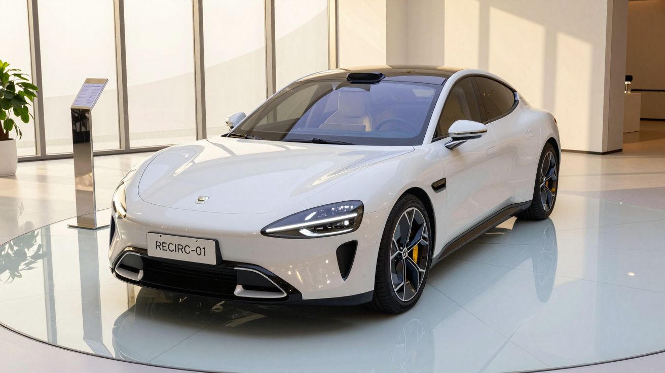 Carro elétrico branco RECIRC-01 exposto num showroom moderno com iluminação natural.