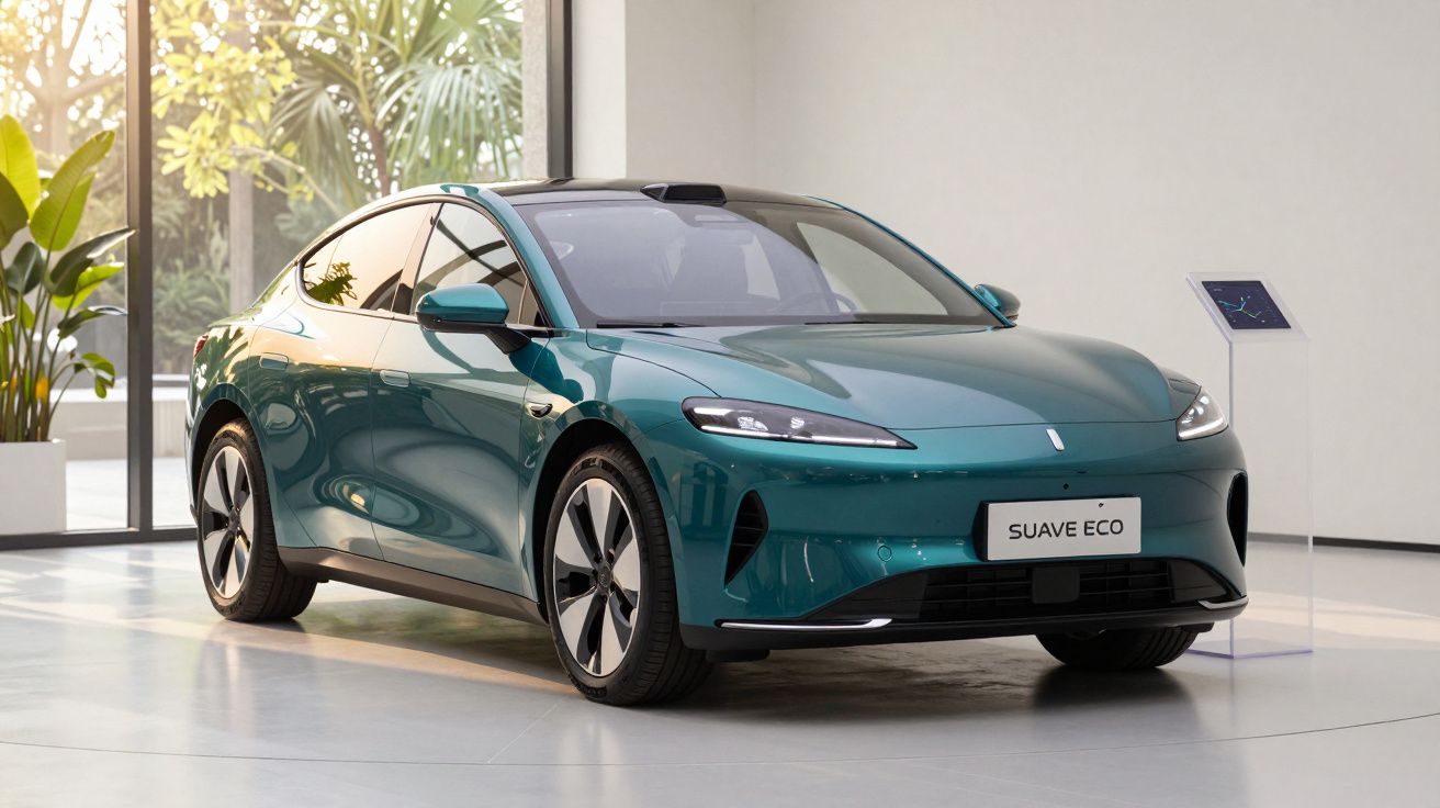 Carro elétrico compacto verde estacionado em espaço moderno com iluminação natural e plantas decorativas.