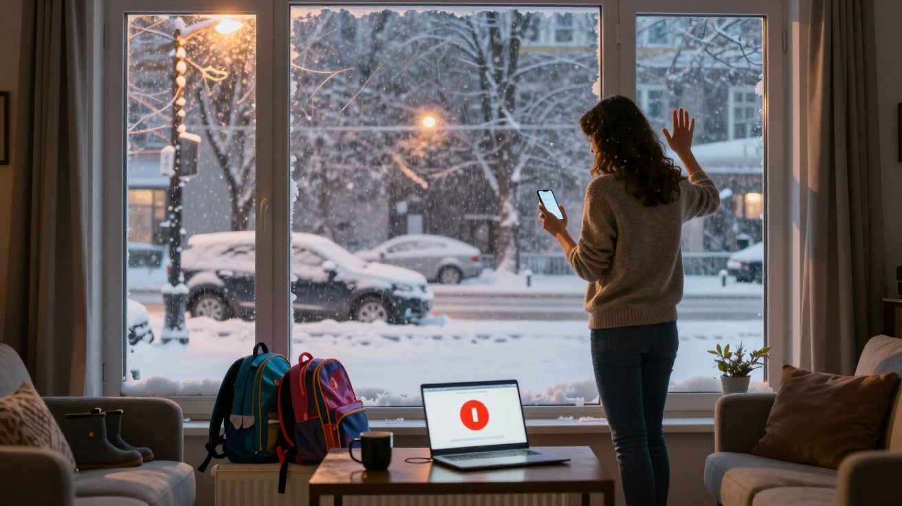 Pessoa com suéter junto a janela grande observa neve caída na rua enquanto usa telemóvel numa sala aconchegante.
