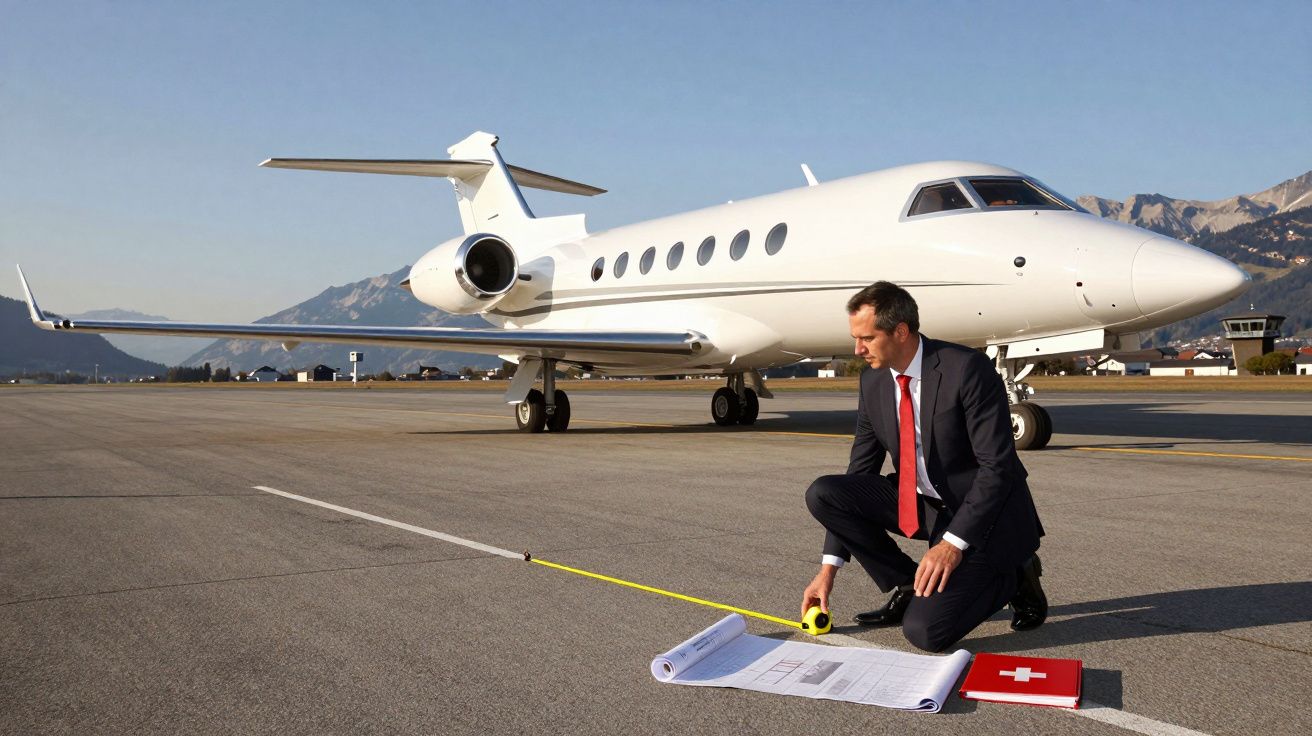 Homem de fato a medir distância no chão perante jato privado numa pista de aeroporto.
