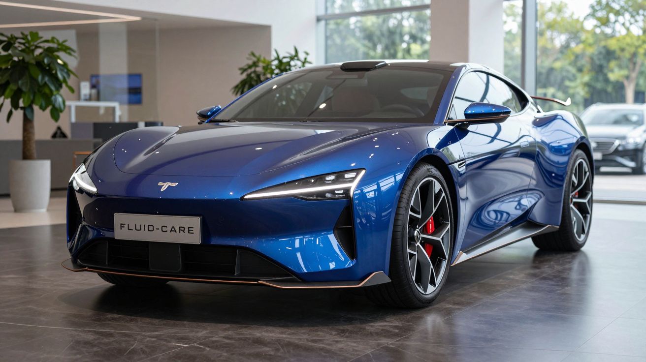 Carro elétrico desportivo azul exposto em showroom moderno com janelas grandes e plantas decorativas.