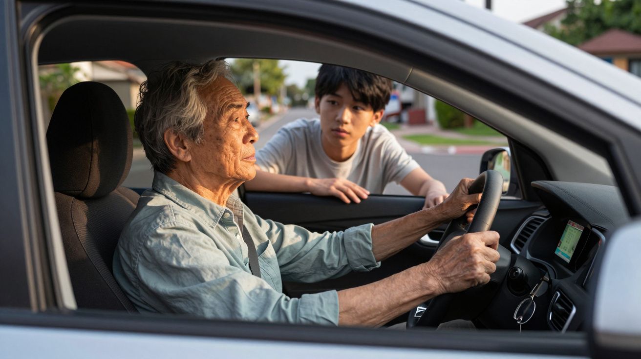 Homem idoso ao volante a falar com jovem sorridente encostado na janela do carro estacionado