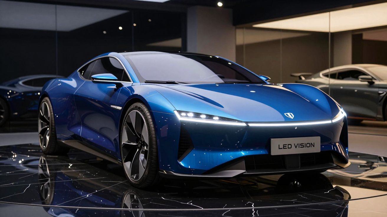 Carro desportivo elétrico azul brilhante com linhas aerodinâmicas e faróis LED num salão elegante.