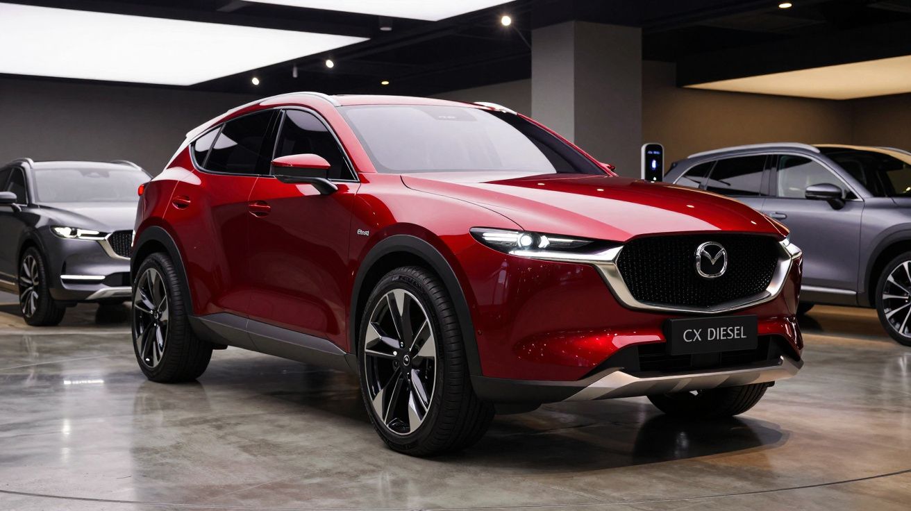 Carro Mazda CX Diesel vermelho estacionado em showroom moderno com veículos ao fundo.