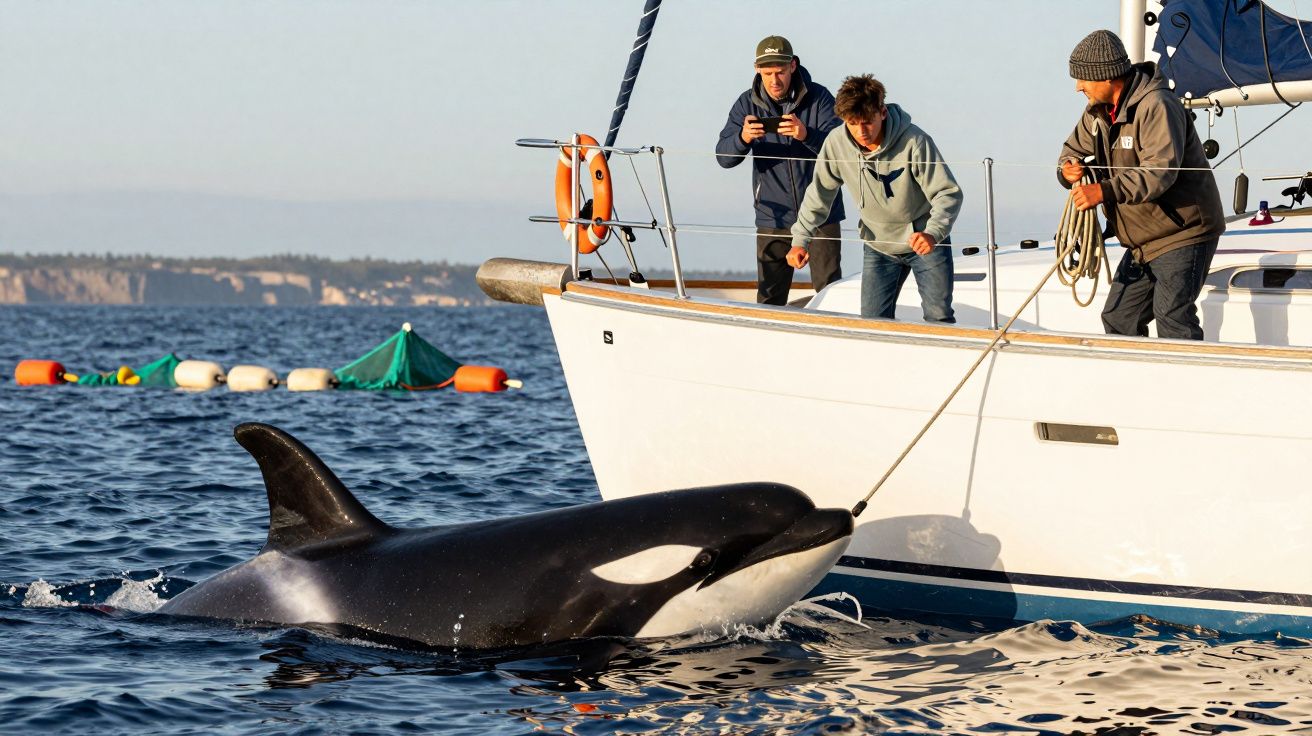 Orca junto a um barco com três homens a observá-la e interagir no mar calmo em dia ensolarado.