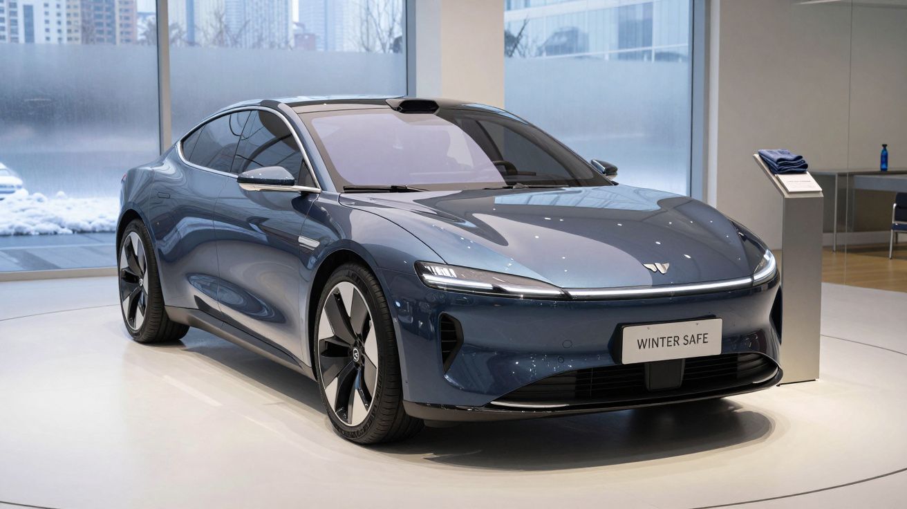 Carro elétrico cinzento metálico exposto em showroom moderno com janelas amplas ao fundo.