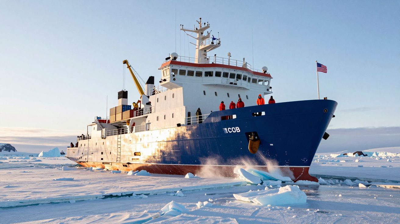 Navio de pesquisa americano a navegar entre blocos de gelo no oceano Ártico, com tripulantes de fato laranja na proa.