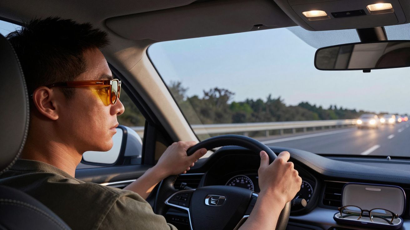 Homem de óculos amarelos a conduzir carro numa estrada com trânsito ao entardecer.