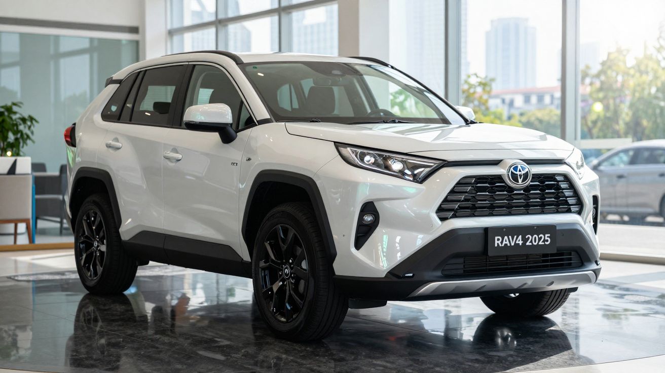 Toyota RAV4 2025 branco exposto em showroom moderno com janelas amplas e chão de mármore.