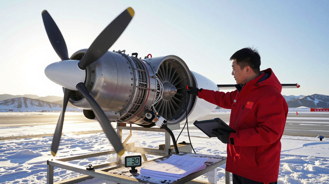 Homem em casaco vermelho inspeciona motor de avião com hélice num ambiente nevado.