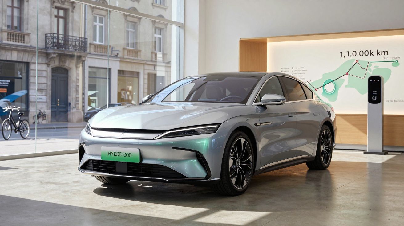 Carro elétrico cinza moderno estacionado em espaço interior com parede iluminada e mapa ao fundo.