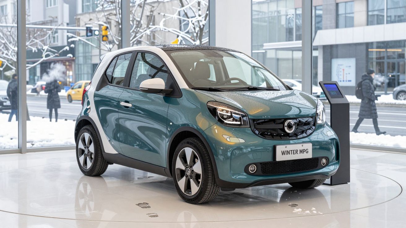 Carro compacto elétrico verde exibido numa montra com neve visível do lado de fora.