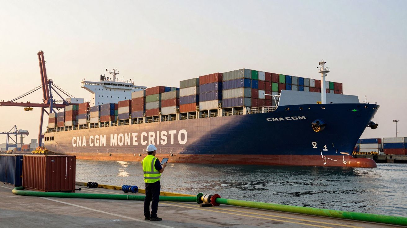 Homem com colete e capacete observa navio porta-contentores carregado num porto ao pôr do sol.
