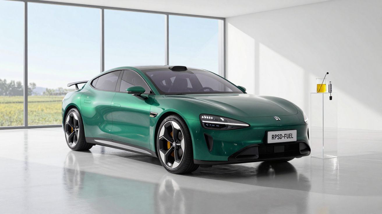 Carro desportivo elétrico verde estacionado numa sala moderna com janelas amplas e luz natural.