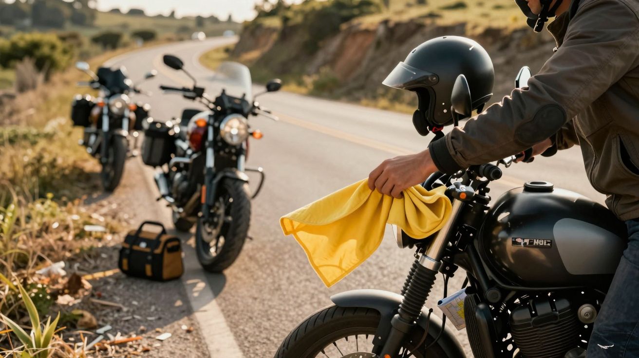 Motociclista a limpar o farol da mota preta parada ao lado da estrada rural.
