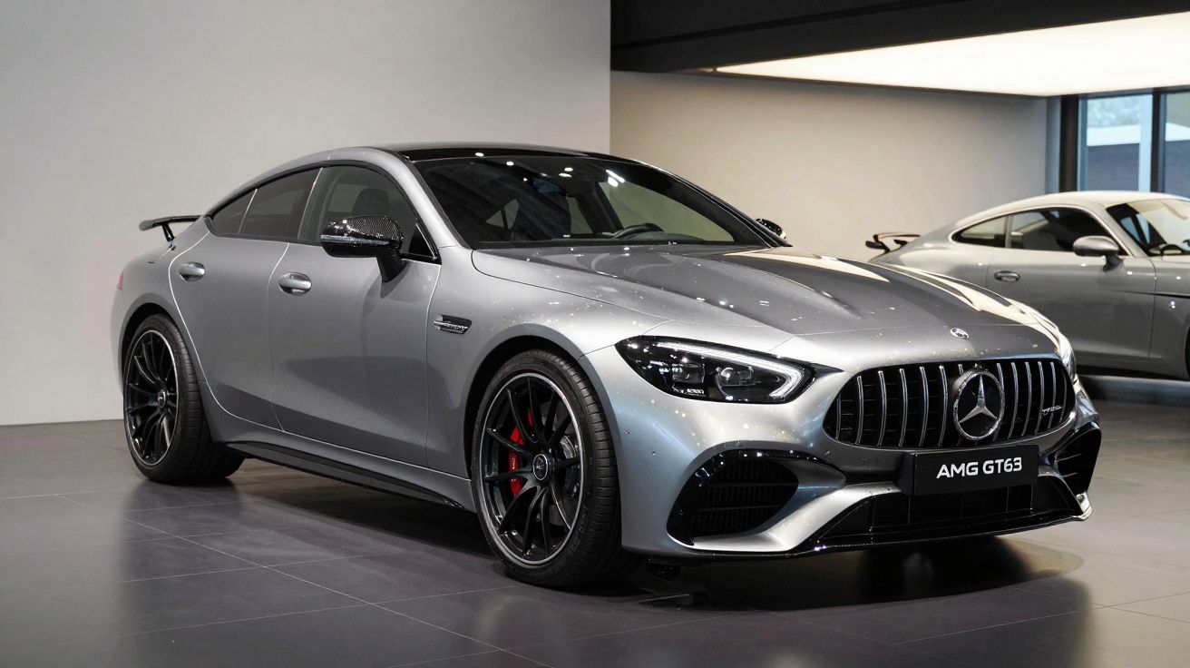 Mercedes-AMG GT 63 Prata em exposição, vista frontal lateral esquerda, jantes pretas e detalhes aerodinâmicos.