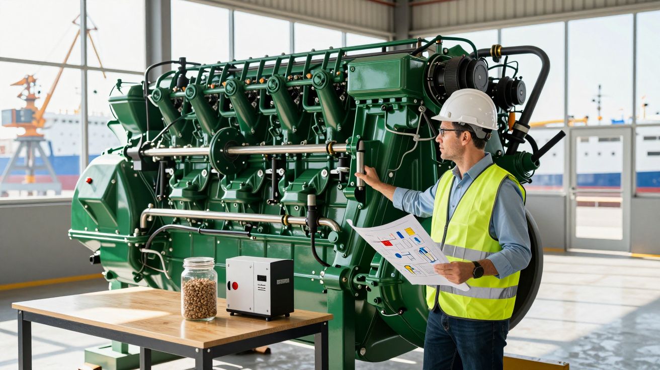 Engenheiro com capacete e colete refletor inspeciona motor verde industrial numa oficina.