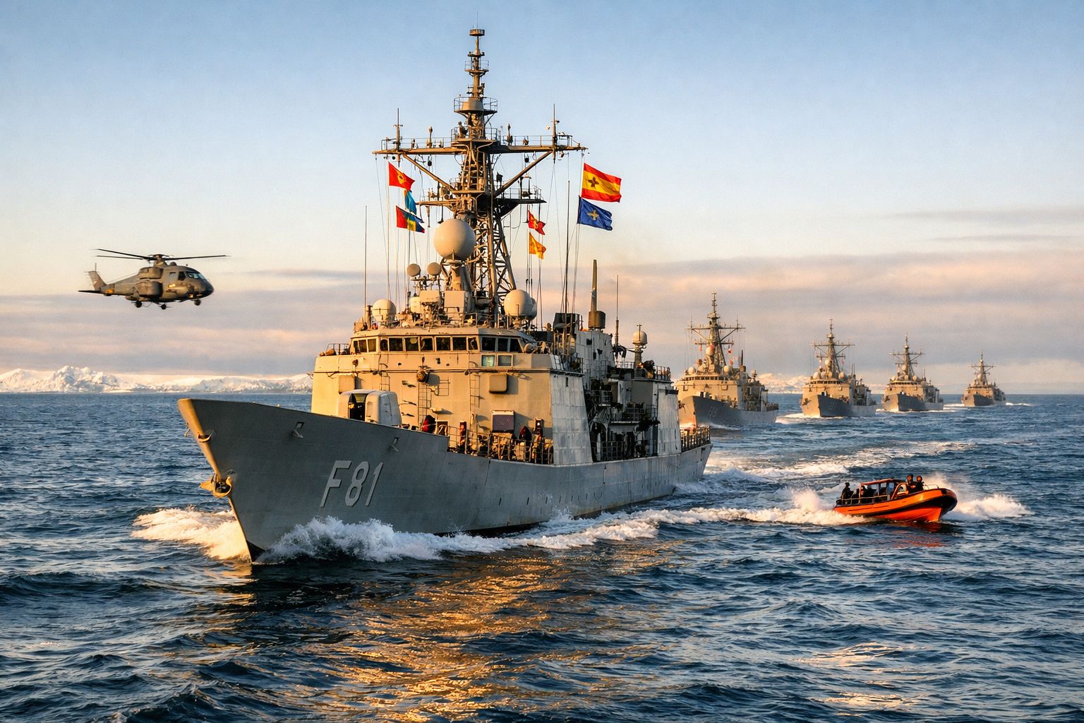 Grupo de navios militares em mar aberto com helicóptero e bote rápido ao lado.