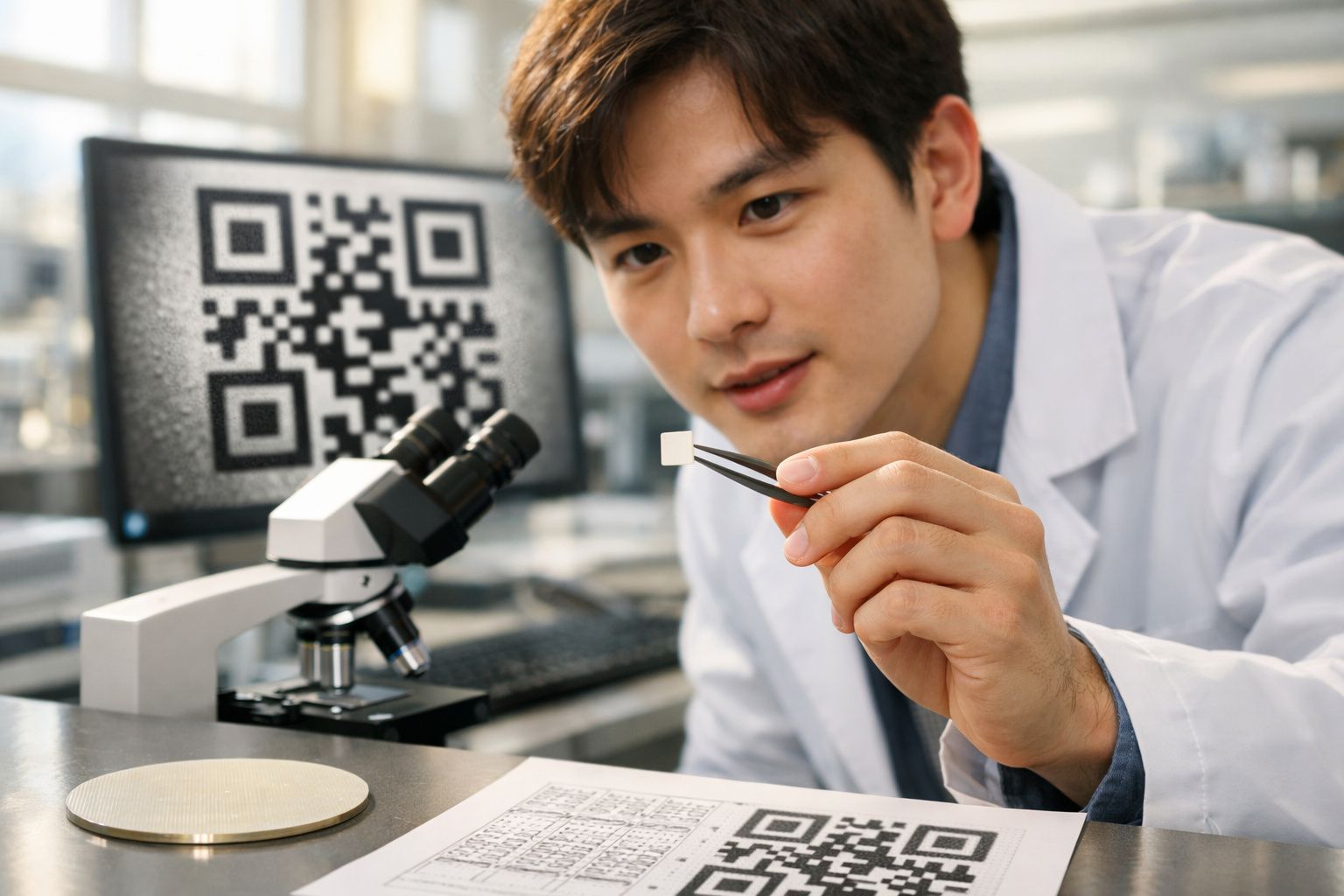 Homem de jaleco seguro uma amostra pequena com pinça em laboratório tecnológico com microscópio e QR code no ecrã.