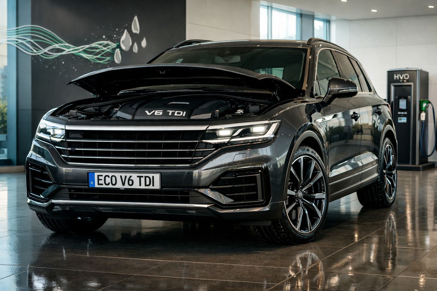 Automóvel preto com capô aberto, motor V6 TDI visível, em exposição interior junto a bomba de combustível HVO.
