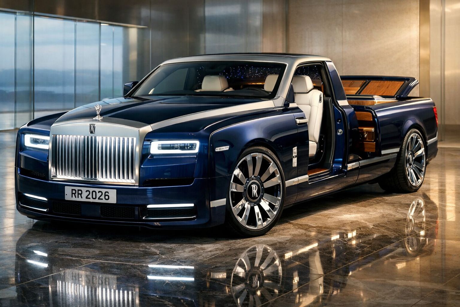Carrinha de luxo Rolls-Royce azul com interior bege, porta aberta e detalhes em madeira.