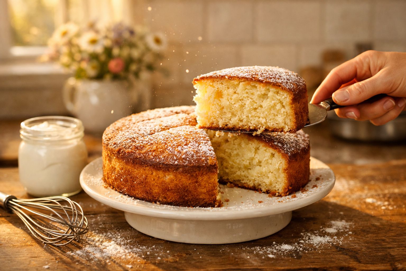 Bolo caseiro fofo e húmido, polvilhado com açúcar em pó, com uma fatia a ser servida numa espátula.