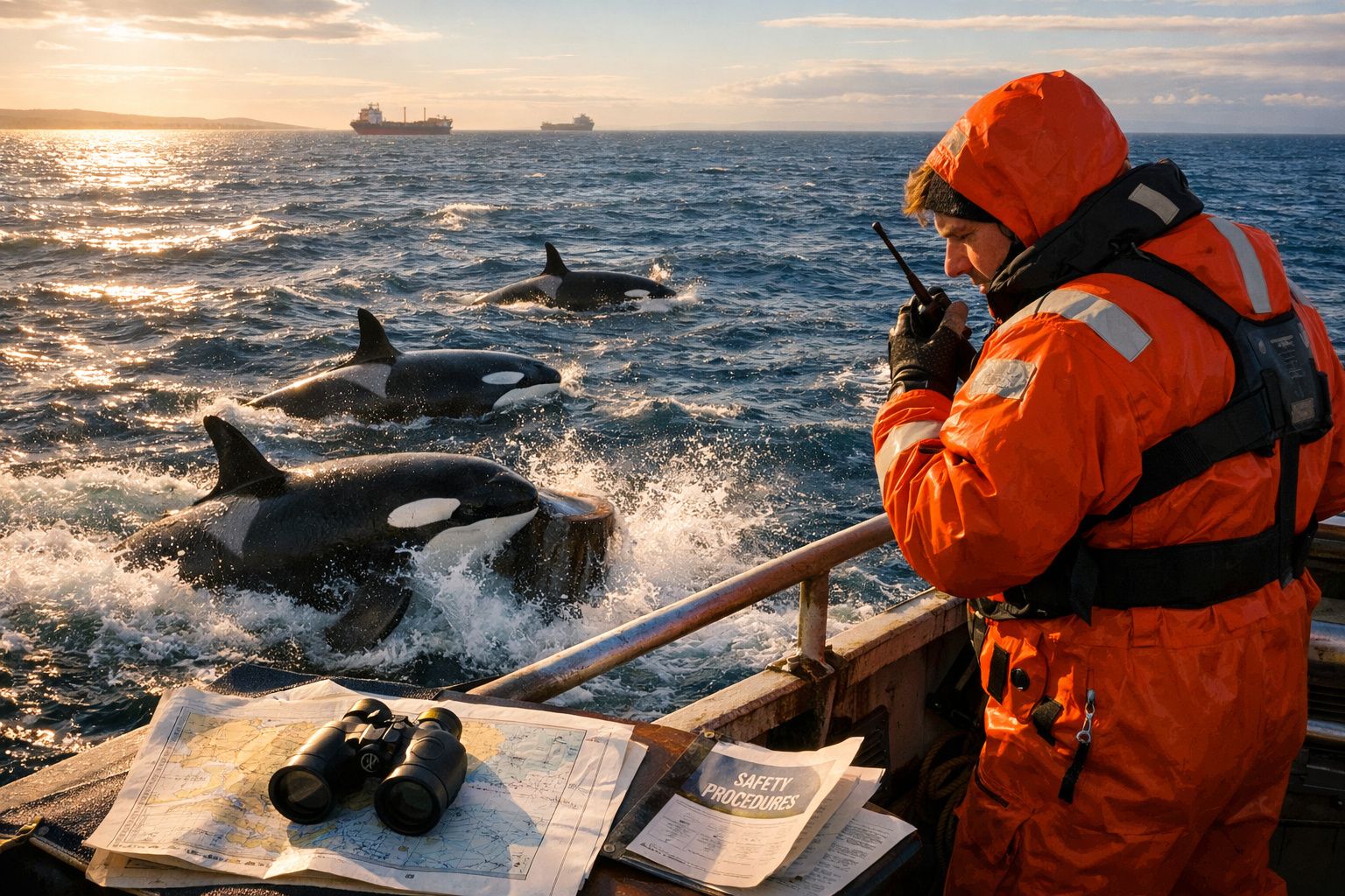 Homem em fato laranja observa orcas na água e comunica-se por rádio num barco ao pôr do sol.