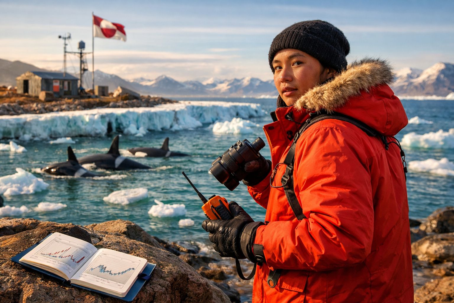 Pessoa de casaco vermelho observa orcas numa zona costeira gelada, segurando binóculos e rádio comunicador.