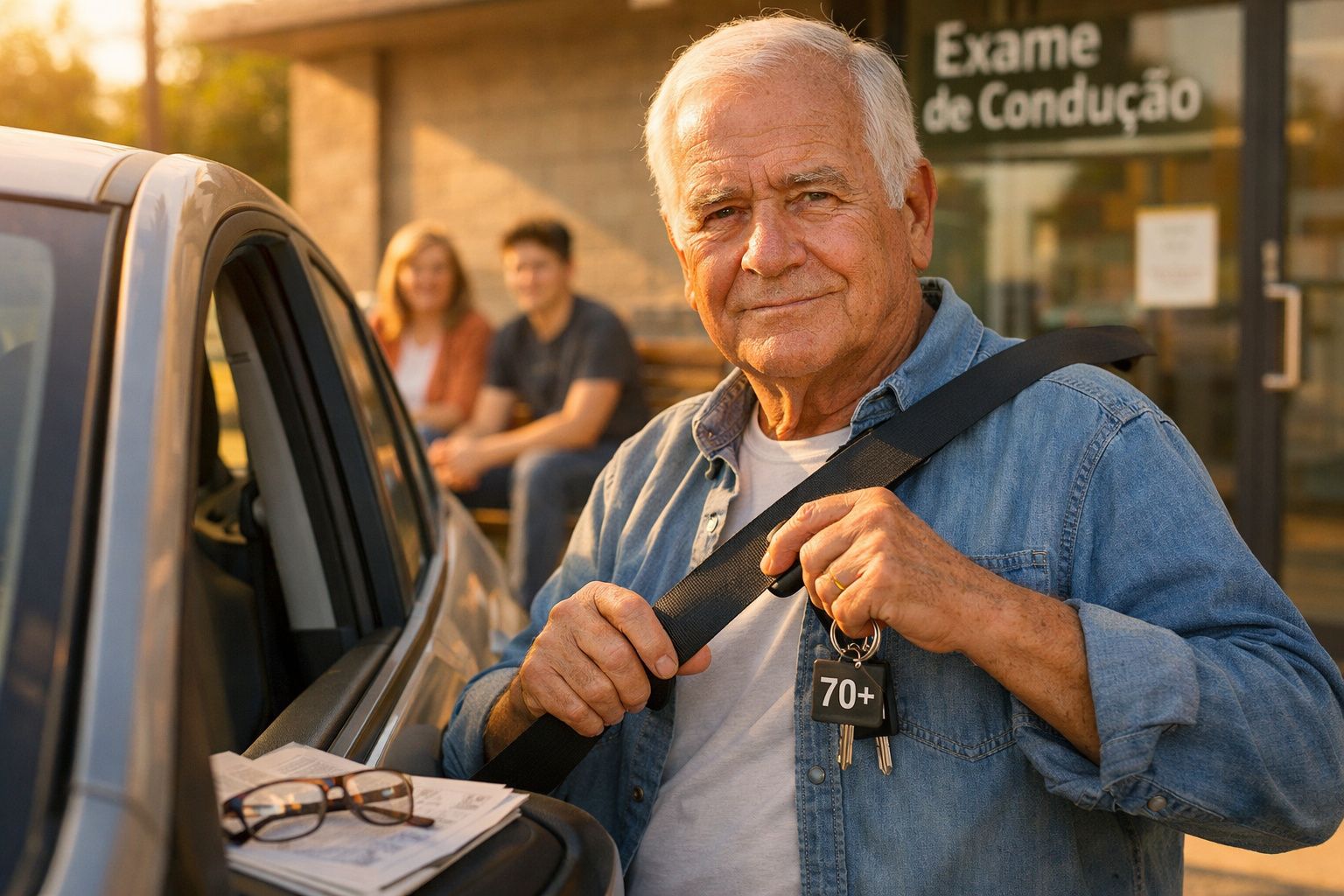 Homem sénior a colocar cinto de segurança num carro, segurando chaves com etiqueta "70+", com duas pessoas ao fundo.