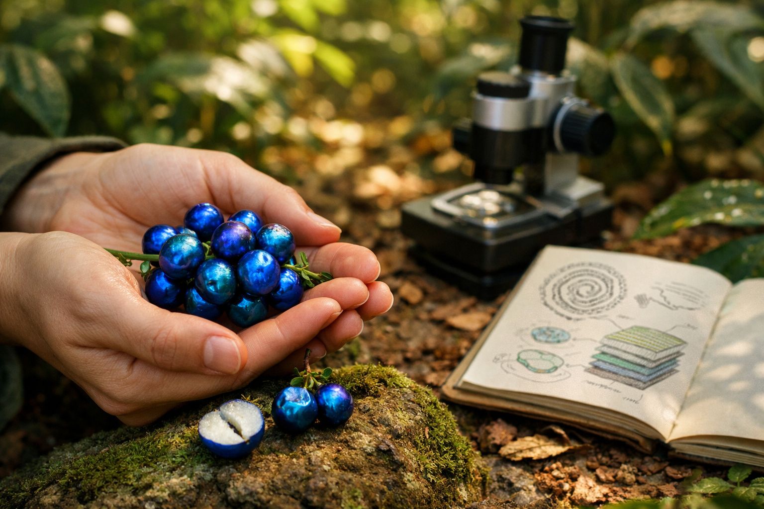 Mãos segurando bagas azuis brilhantes na natureza, com microscópio e caderno de anotações desenhadas ao fundo.