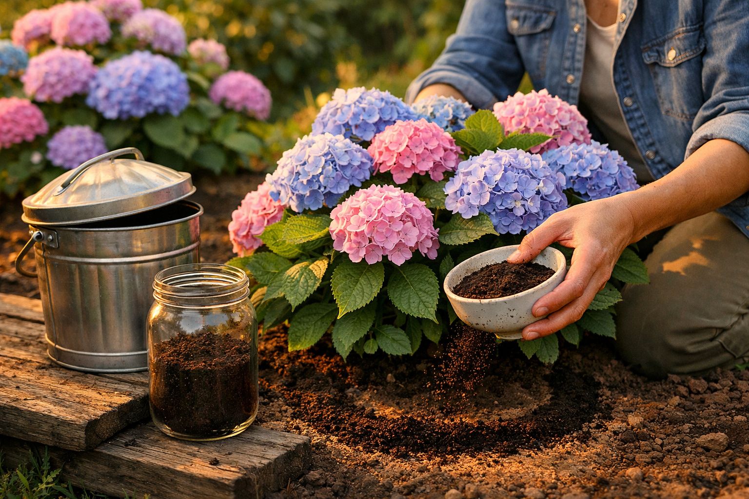 Pessoa a cuidar de hortênsias rosas e azuis, adicionando fertilizante ao solo num jardim.