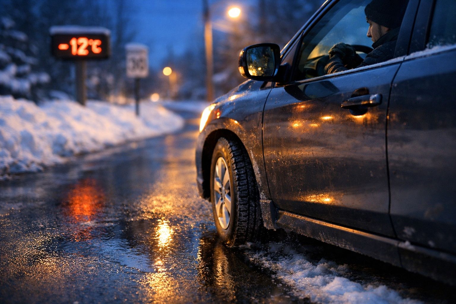 Carro estacionado na estrada molhada com neve e sinal digital a mostrar -12°C ao anoitecer.