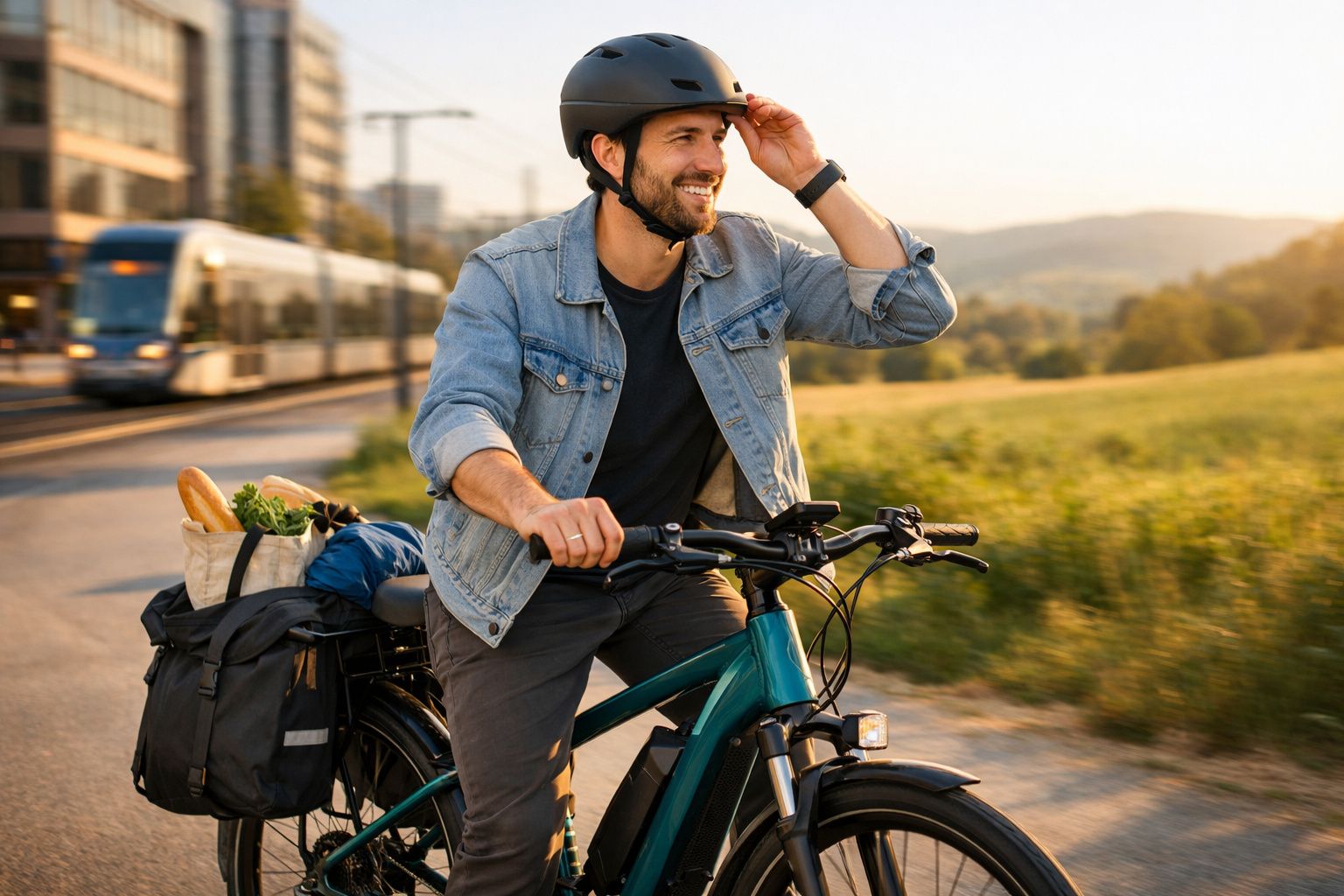 Homem sorridente de capacete a andar de bicicleta com mochila cheia de compras na ciclovia junto a um comboio.