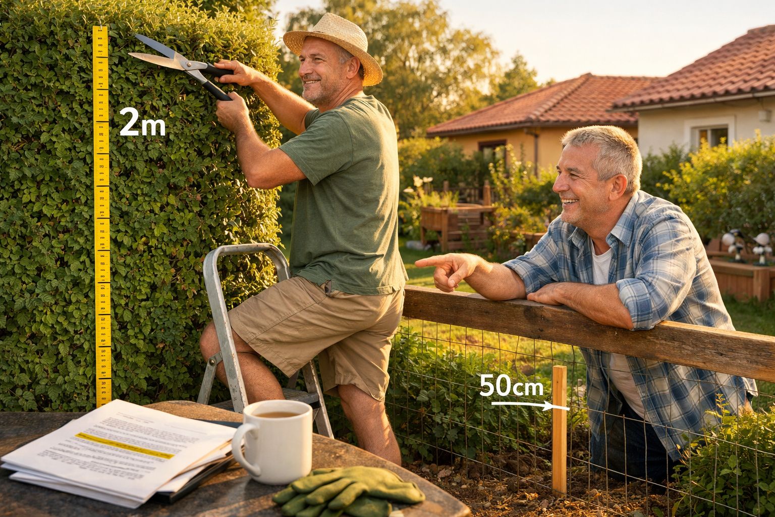 Dois homens adultos a cuidar de uma sebe num jardim, um a podar e o outro a observar sorrindo.