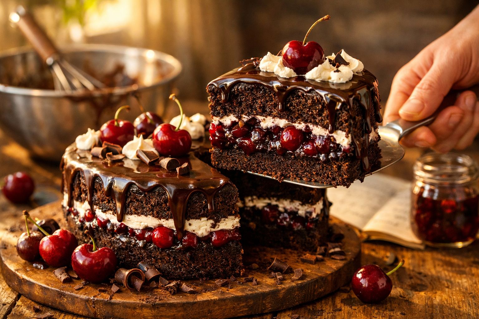 Bolo de chocolate com recheio e cobertura de cerejas frescas, chantilly e pedaços de chocolate.