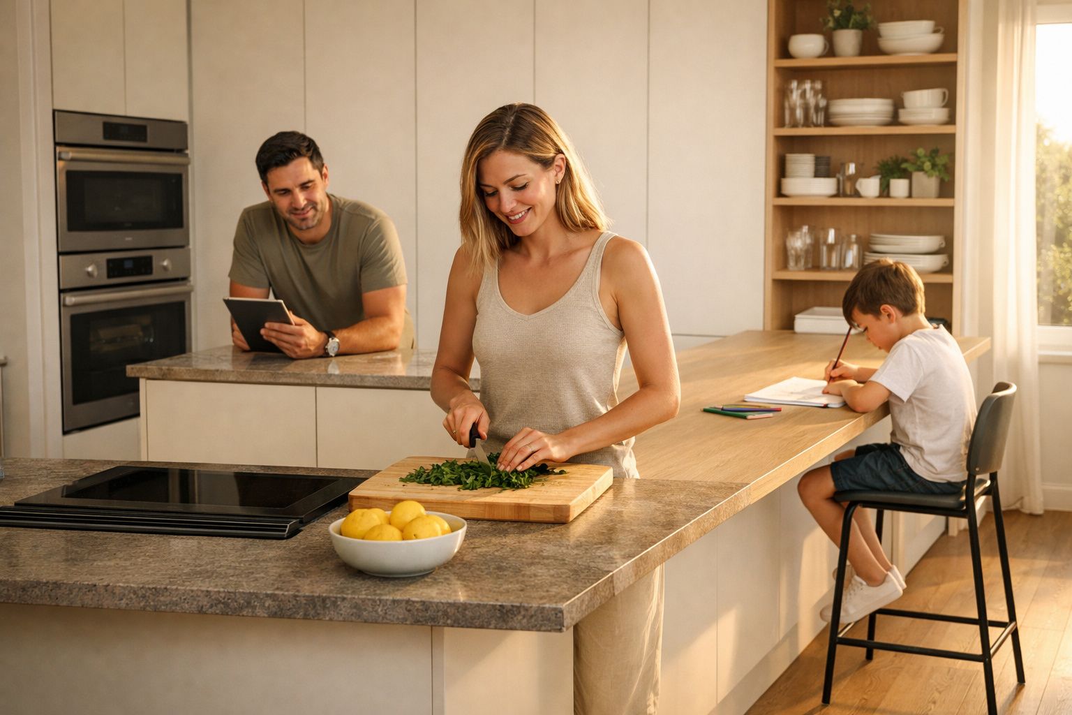 Família numa cozinha moderna: mulher a cortar ervas, homem a ler num tablet e menino a fazer trabalhos escolares.