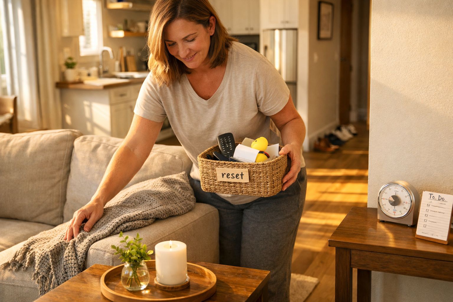 Mulher a arrumar objetos numa sala luminosa com sofá, manta, vela e planta num ambiente acolhedor.