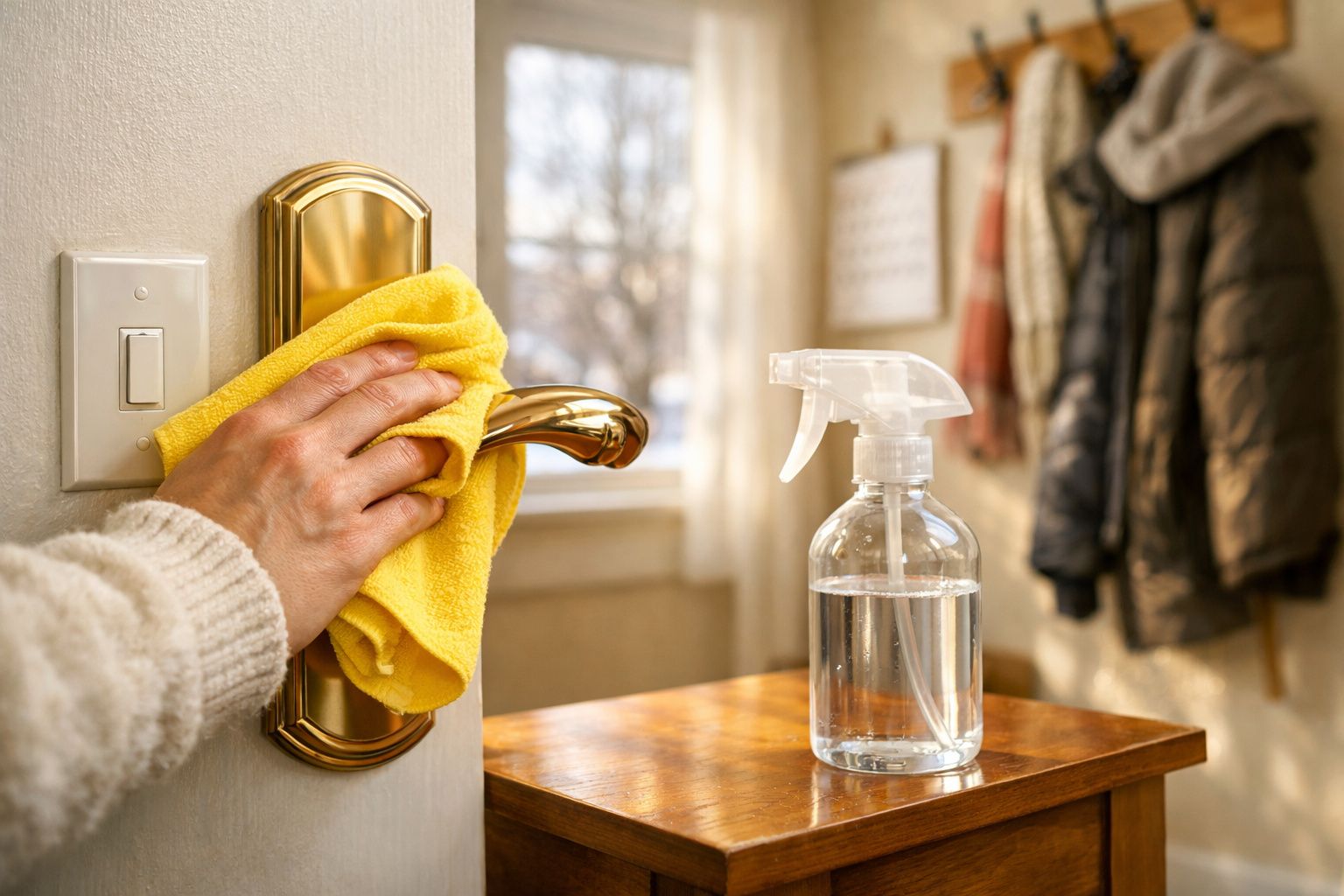 Pessoa a limpar maçaneta dourada de porta com pano amarelo, ao lado de pulverizador transparente numa mesa de madeira.