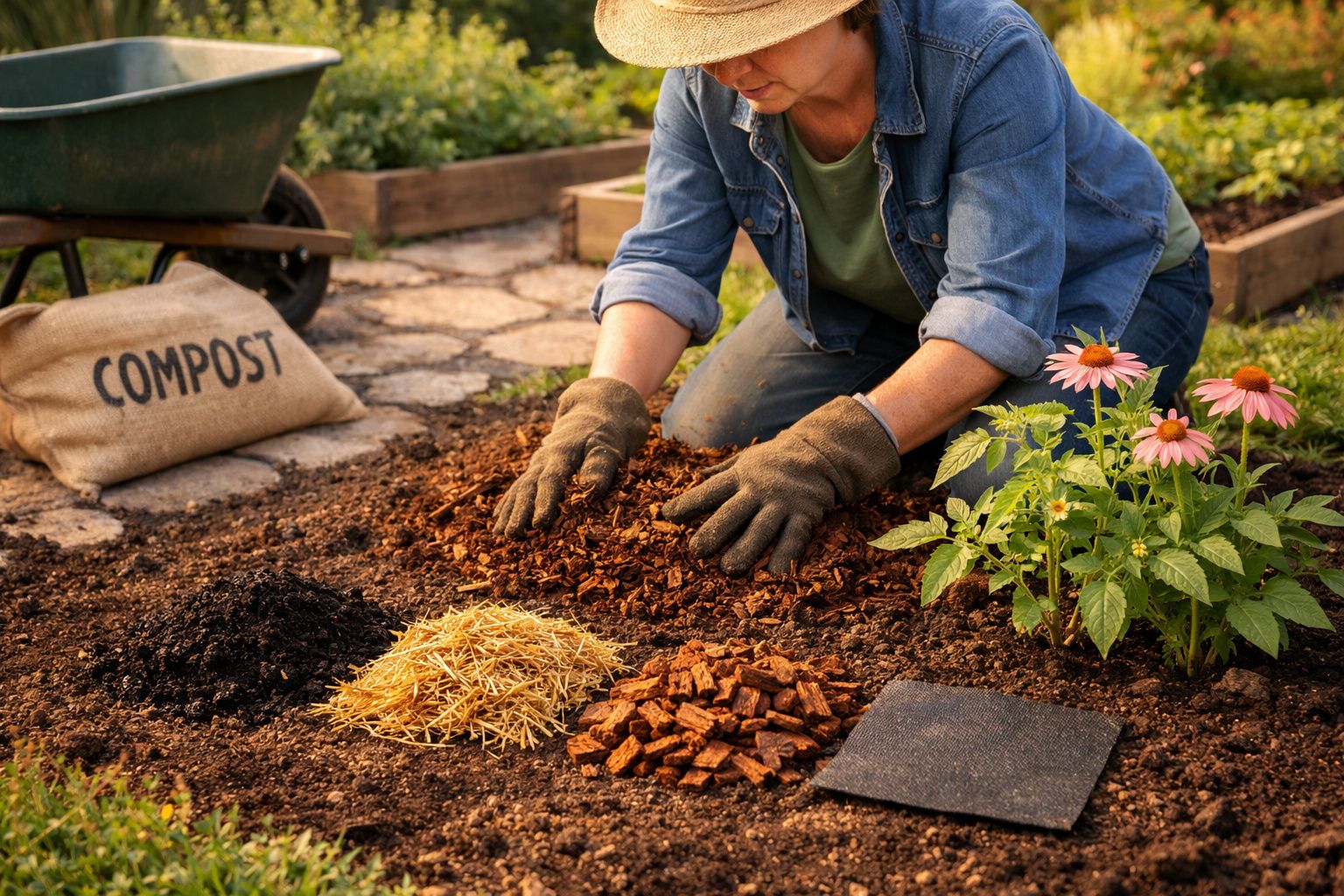 Pessoa a mexer terra com luvas num jardim com vários tipos de material de compostagem e flores próximas.