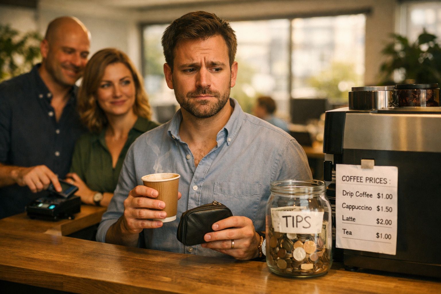 Homem a preparar-se para pagar café olhando para a carteira, com outras pessoas a aguardar atrás no café.