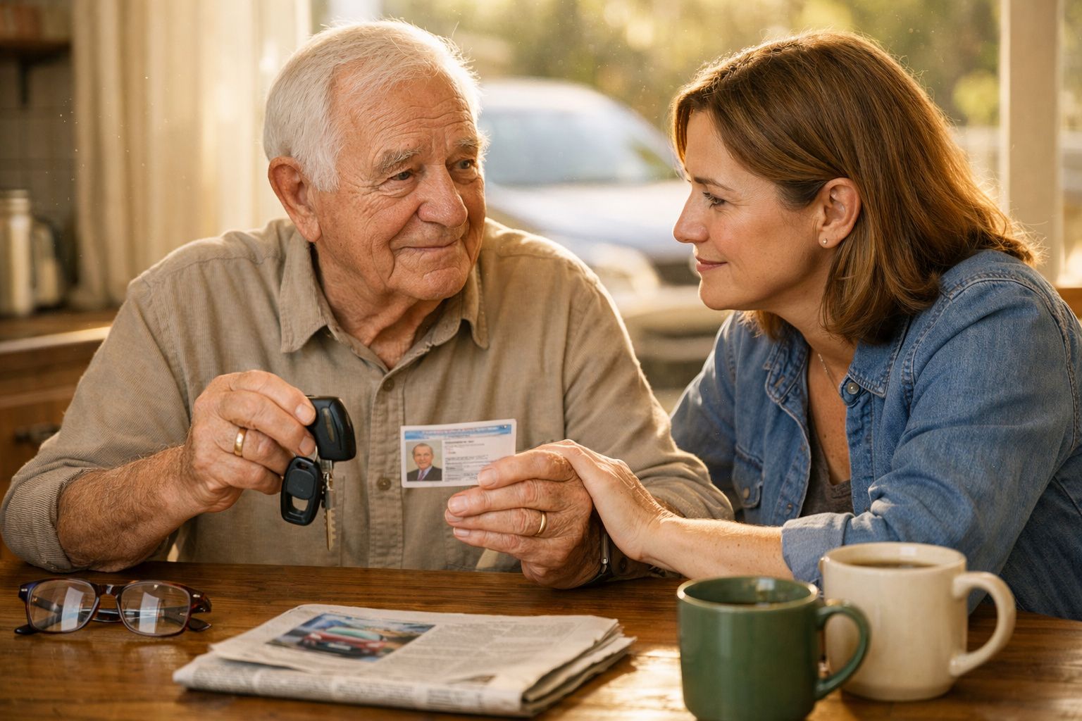 Homem idoso mostra carta de condução e chaves de carro, mulher sorridente ao seu lado numa mesa com jornais e canecas.