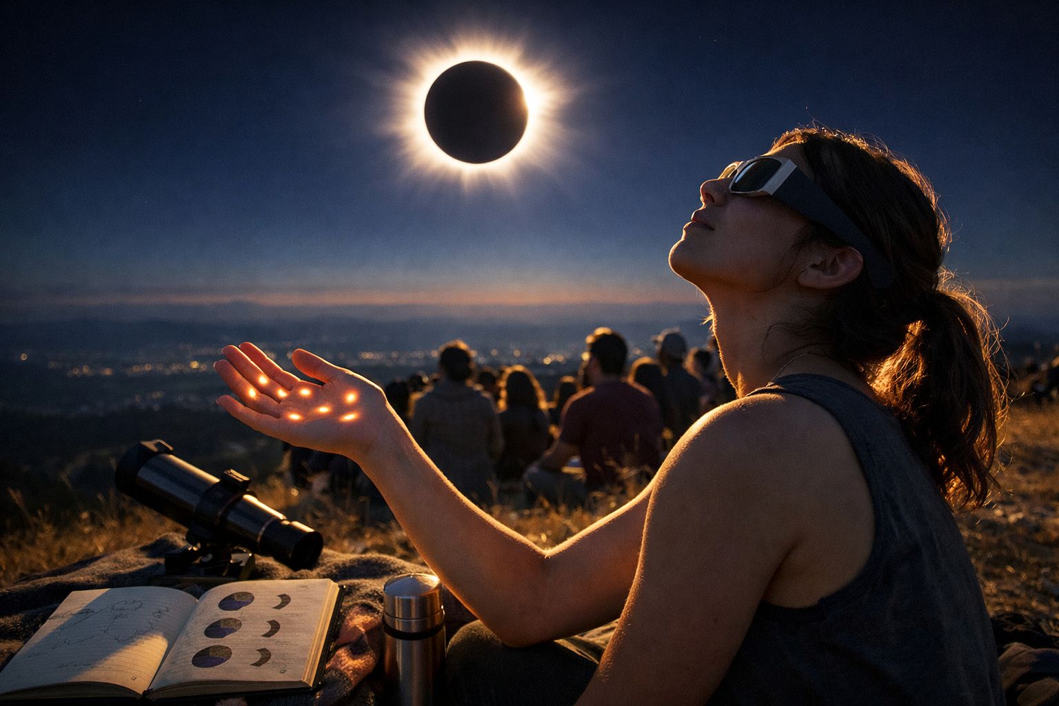 Pessoa com óculos especiais observa eclipse solar total enquanto outros espectadores assistem ao fenómeno numa colina.